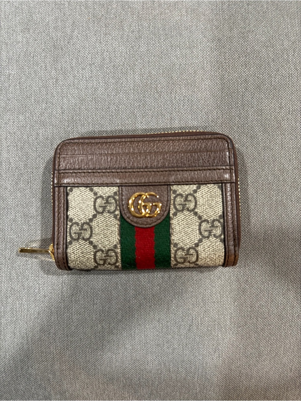 Gucci GG Supreme Card Holder with Brown Leather and Web Stripe